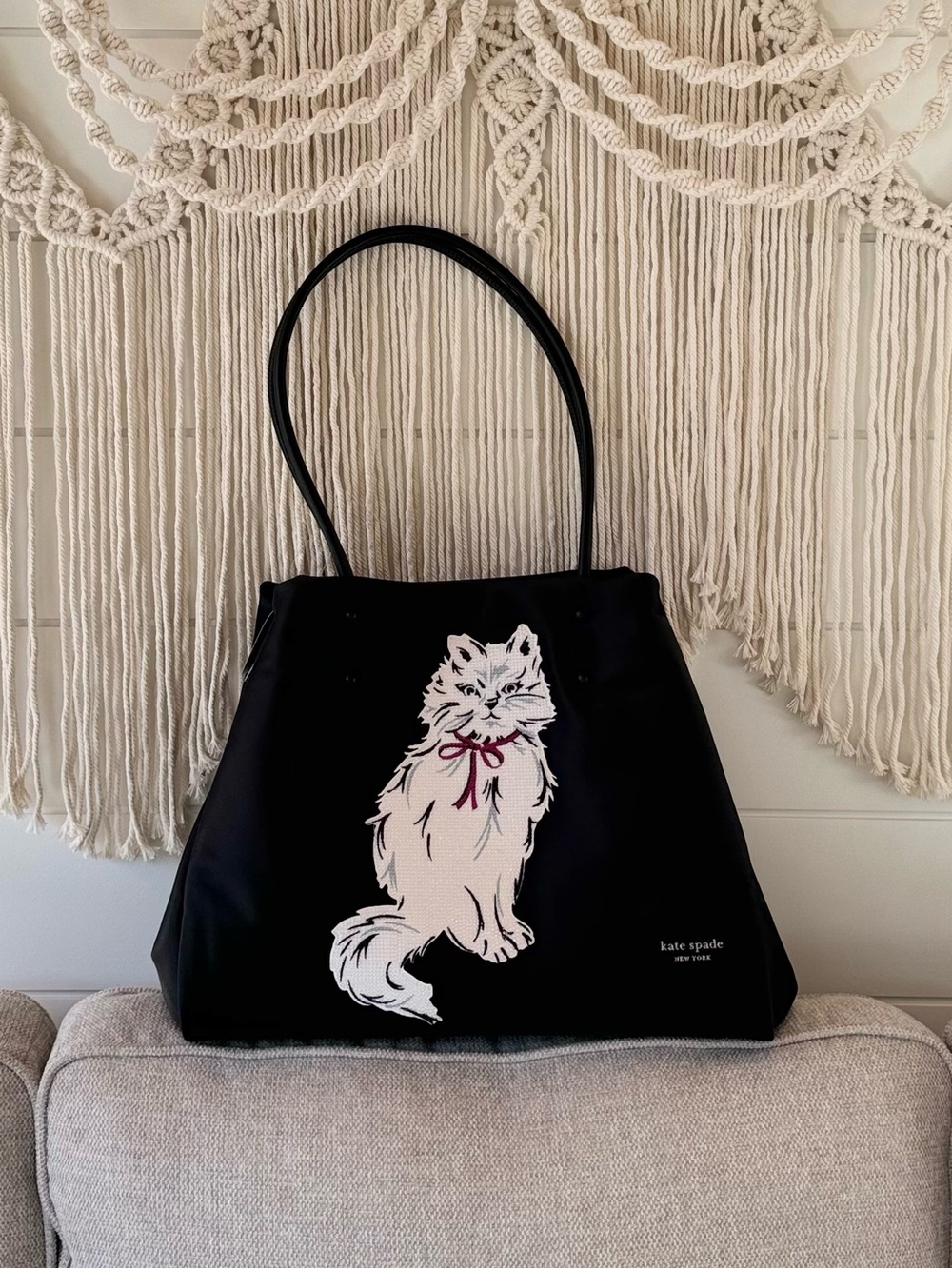 Kate Spade Cat Tote wiskers embellished Large puffy black tote NWT MsRP $498